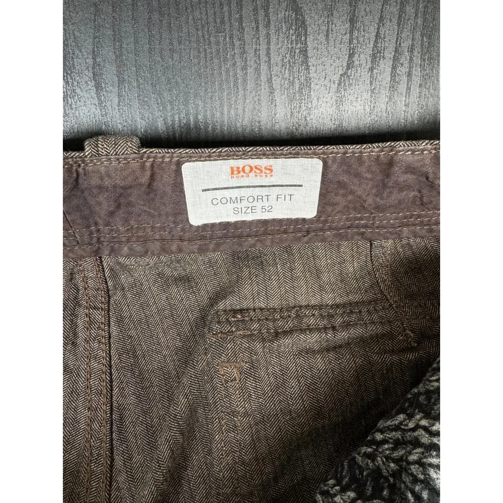 Hugo Boss Chino Pants Mens 52 Fits 34x32 Brown Herringbone Comfort Fit Golf